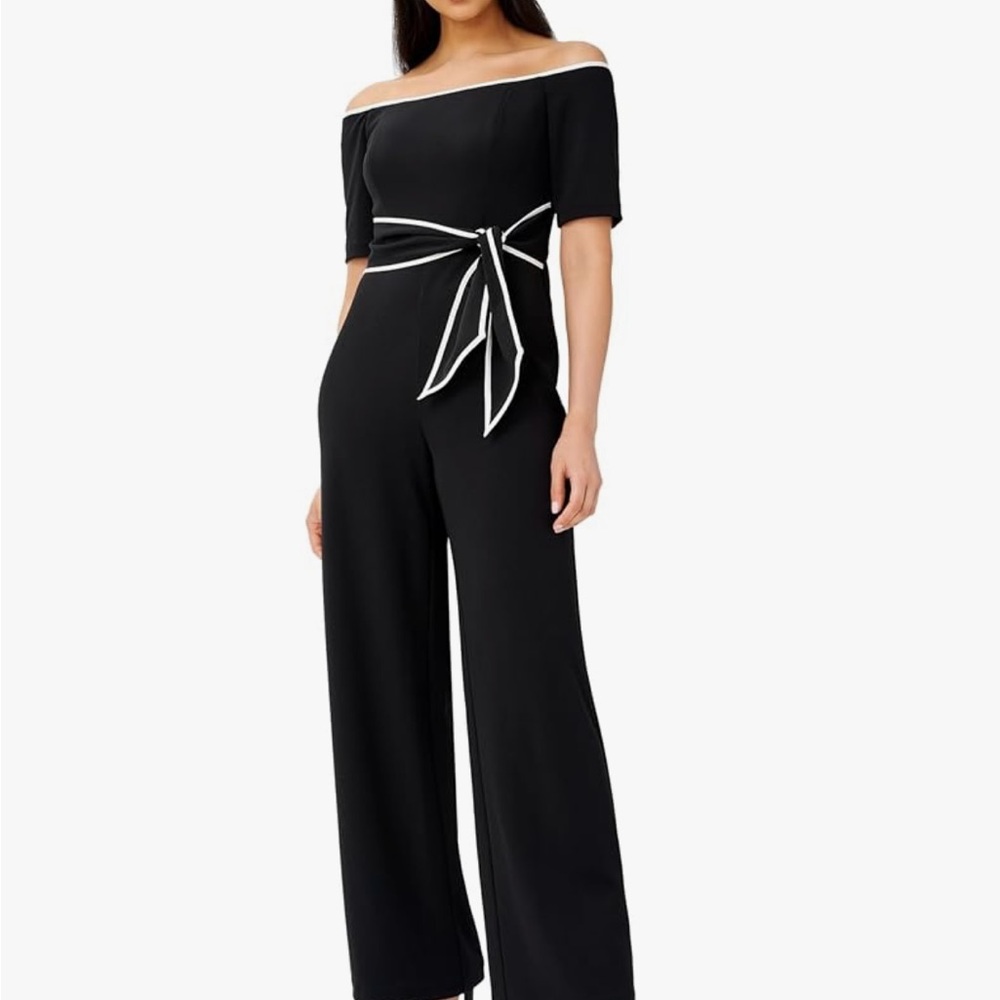 Adrianna Papell Black Off-Shoulder Jumpsuit with Tie Detail